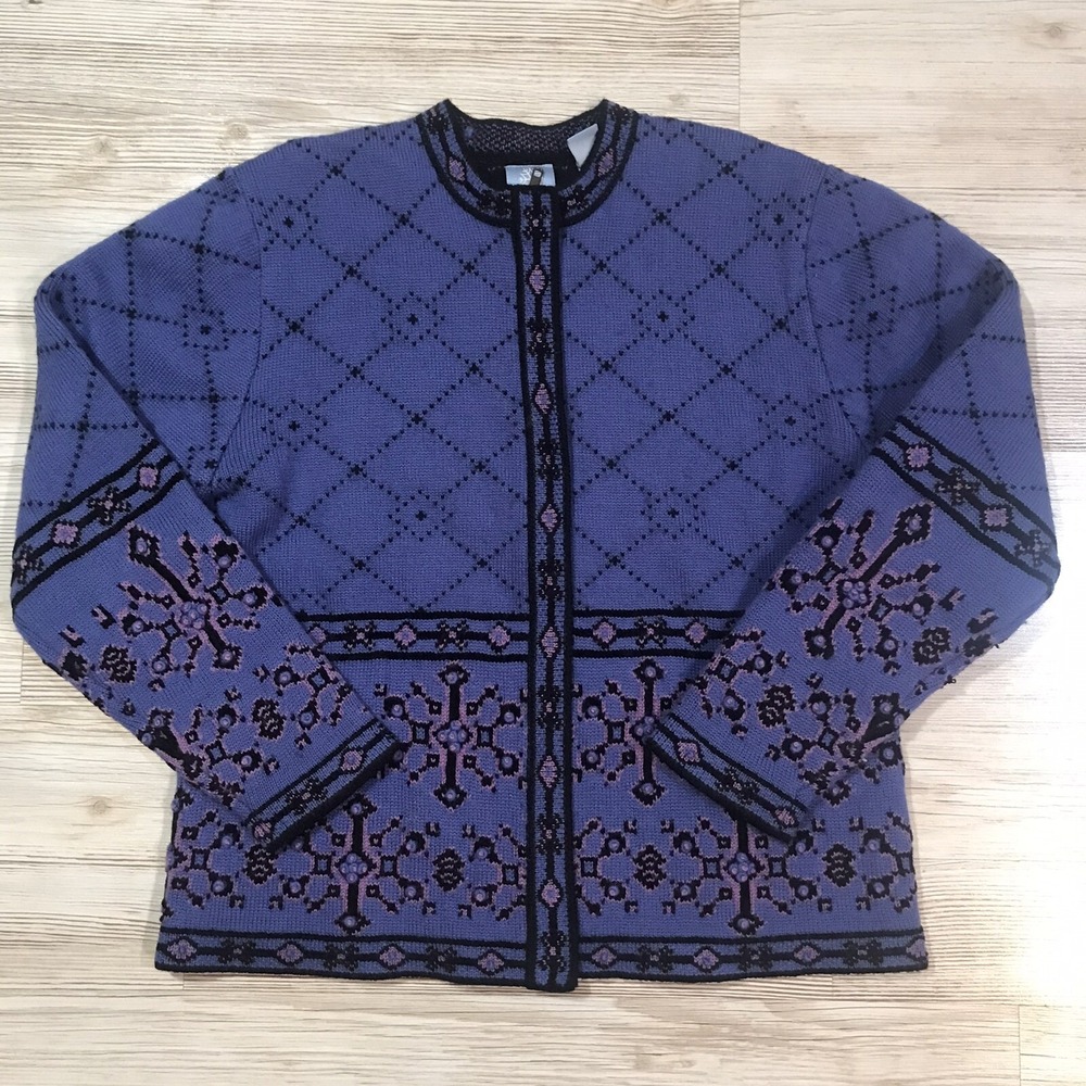 Vintage Womens Frost Cardigan Sweater Blue Medium Wool Blend Snowflakes Pattern